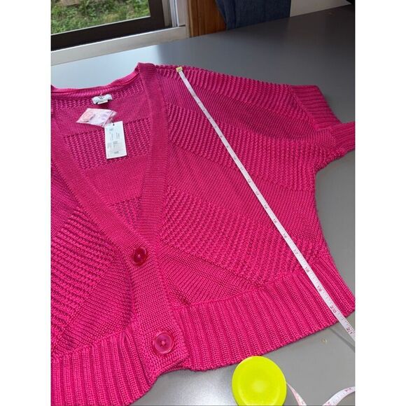 Worthington cropped short sleeve cardigan button-front closure vibrant pink dolm - Picture 8 of 9